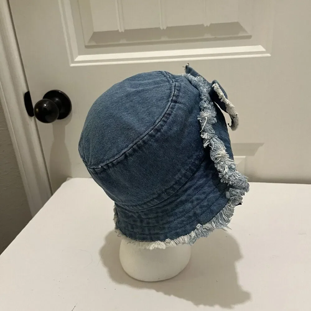 Toddler Girls Blue Denim Chambray Fray Bow Flip Up Bucket Hat Beach Y2K 2-4Y - Picture 6 of 8